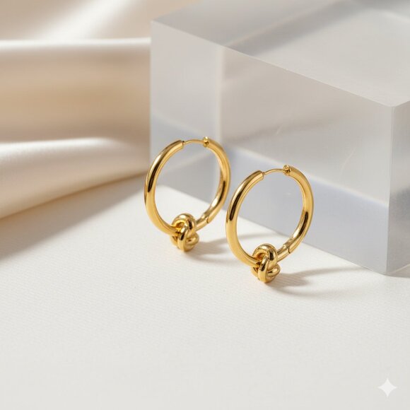 🆕 Chic Knot Accent 18K Gold Hoop Earrings Trendy Stainless Steel Minimalist - Picture 5 of 13